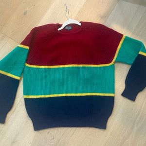 Lands End 100% Wool Vintage Sweater Pullover Color Block Mens Large Green Blue